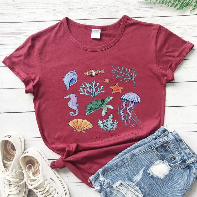 Gray Printed T-Shirt with Ocean Design for Men Women - Image 8