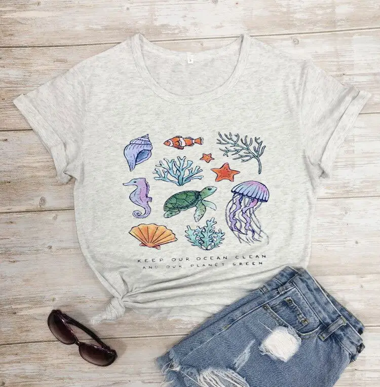 Gray Printed T-Shirt with Ocean Design for Men Women - Image 9