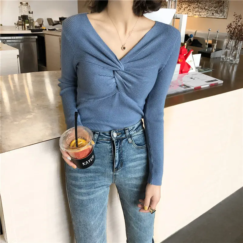 Women's V-Neck Knitted Sweater Shirt White Slim Fit - Image 16
