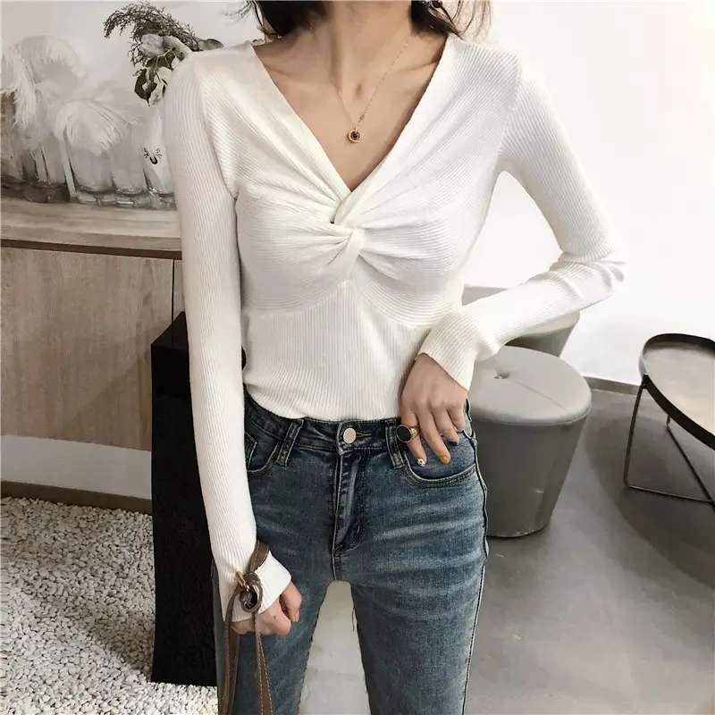 Women's V-Neck Knitted Sweater Shirt White Slim Fit - Image 18