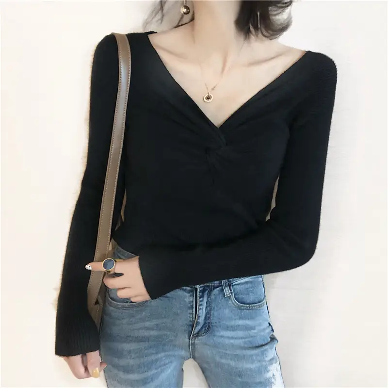 Women's V-Neck Knitted Sweater Shirt White Slim Fit - Image 8