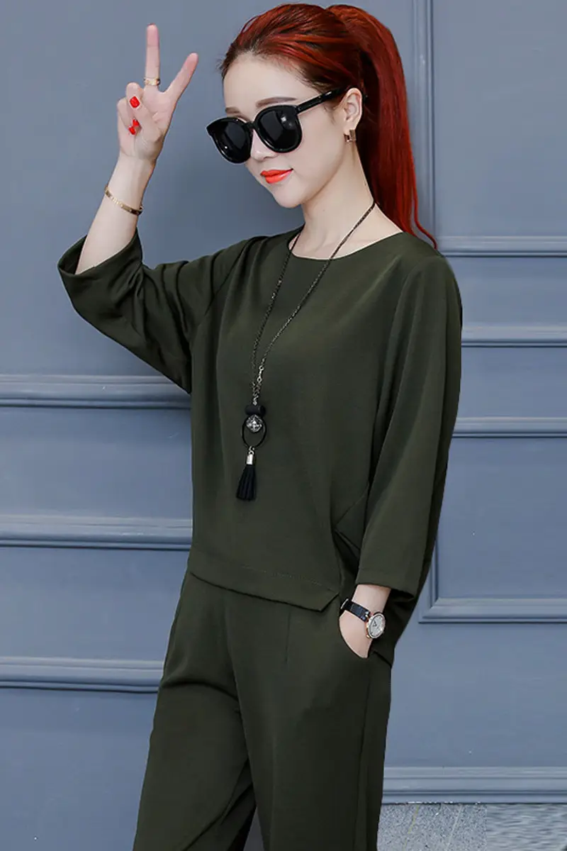 Women Olive Green Two-Piece Suit Summer Wear