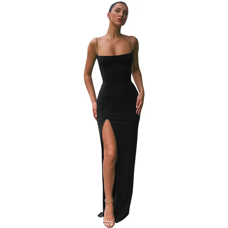 Black Slim Backless One-Neck Slit Dress for Women