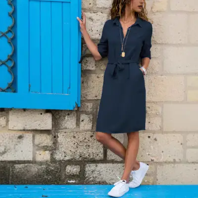 Women Lapel Shirt Dress Navy Blue Three Quarter Sleeve - Image 7