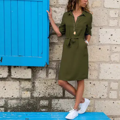 Women Lapel Shirt Dress Navy Blue Three Quarter Sleeve - Image 9