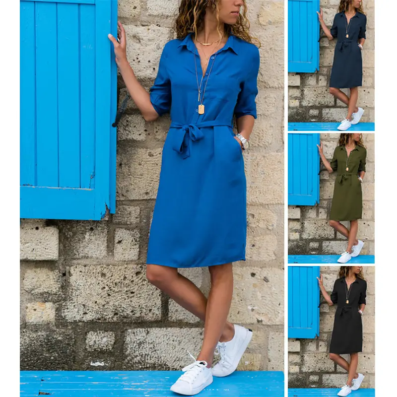 Women Lapel Shirt Dress Navy Blue Three Quarter Sleeve — feature 2