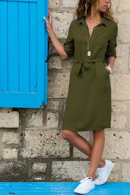 Women Lapel Shirt Dress Navy Blue Three Quarter Sleeve - Image 2