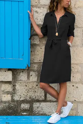 Women Lapel Shirt Dress Navy Blue Three Quarter Sleeve - Image 4