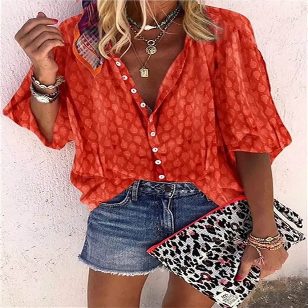 Single Breasted Printed Long Sleeve Shirt Top Plus Size Orange - Image 6