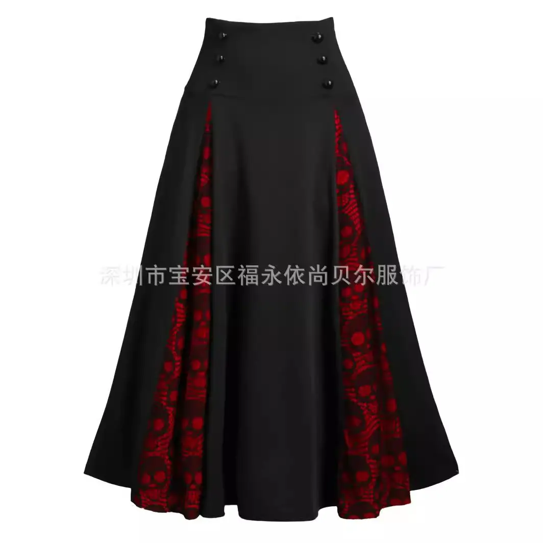 High-waisted Lace-up Mid-skirt with Red Embroidery - Image 14