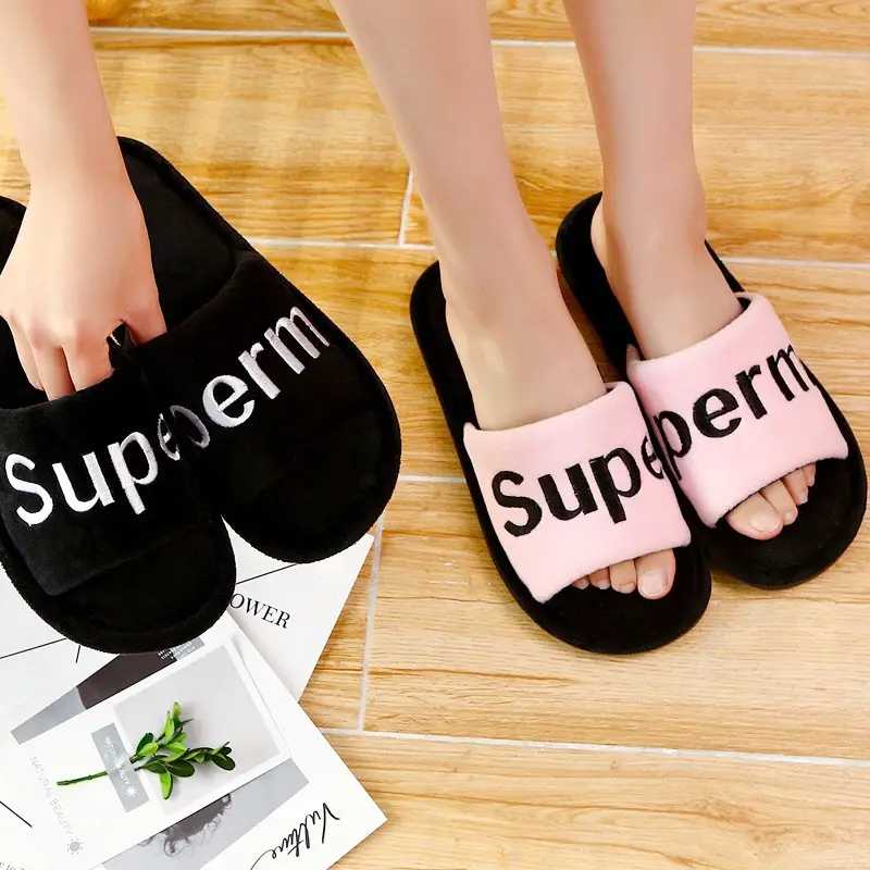 Cross-Border Japanese and Korean Style Letter Couple Cotton Slippers for Women, Indoor Non-Slip Floor Slippers for Men, Dropshipping