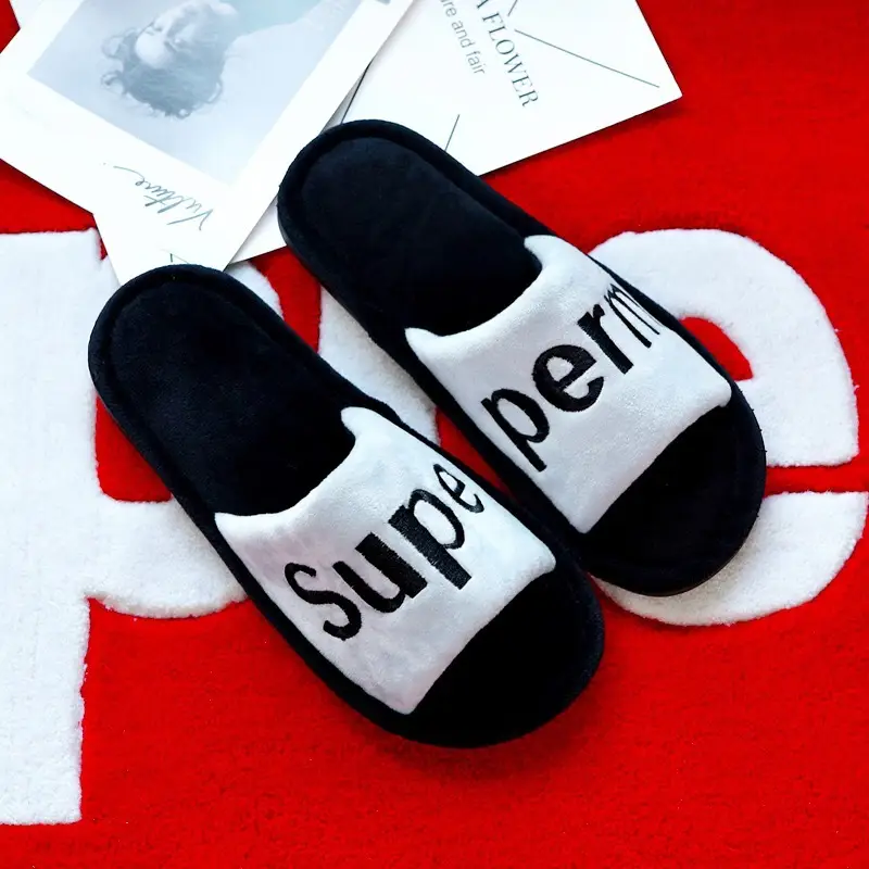 Cross-Border Japanese and Korean Style Letter Couple Cotton Slippers for Women, Indoor Non-Slip Floor Slippers for Men, Dropshipping