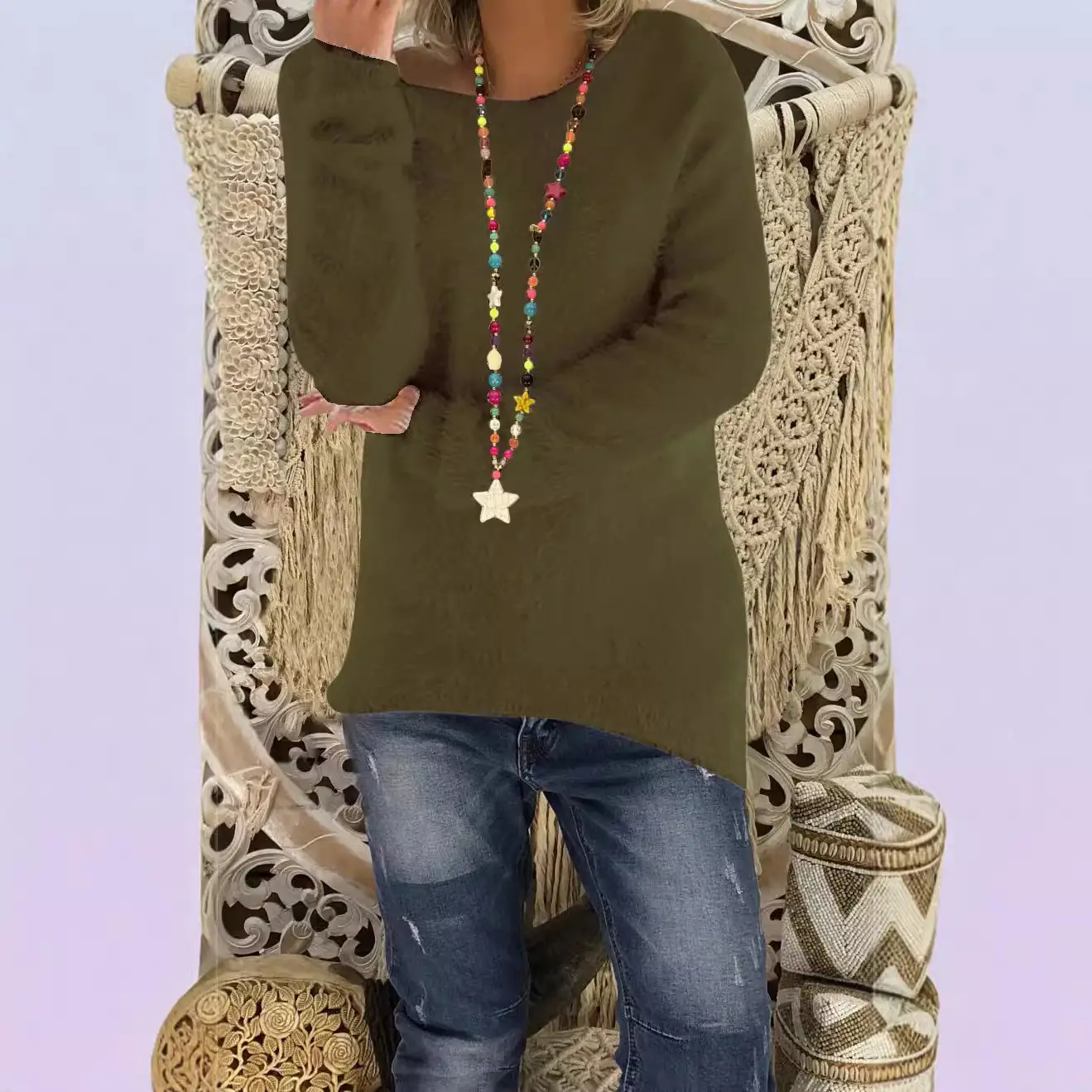 Women's Olive Green Long Sleeve Loose Sweater with Star Necklace - Image 15