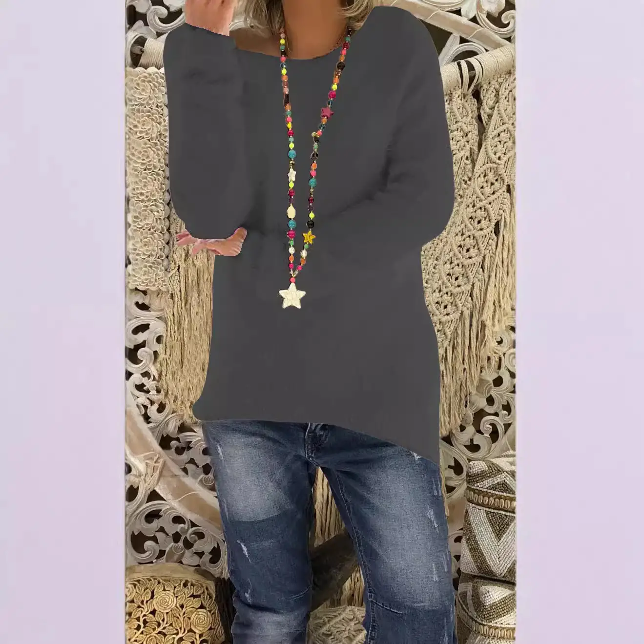 Women's Olive Green Long Sleeve Loose Sweater with Star Necklace - Image 16