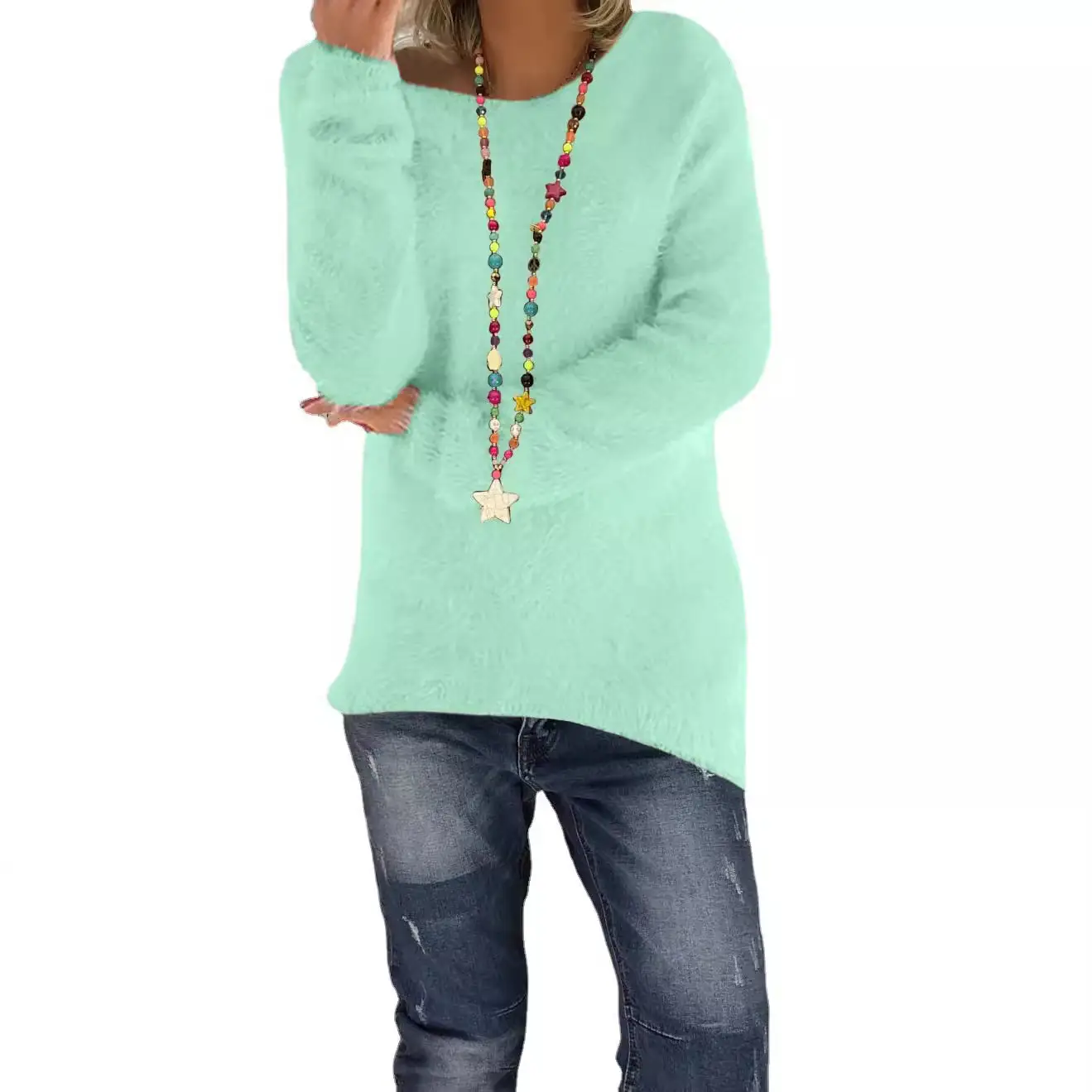 Women's Olive Green Long Sleeve Loose Sweater with Star Necklace - Image 18