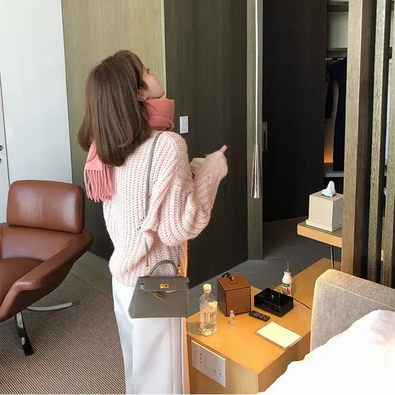 Women's Loose Hollow Wool Pullover Sweater Beige - Image 5