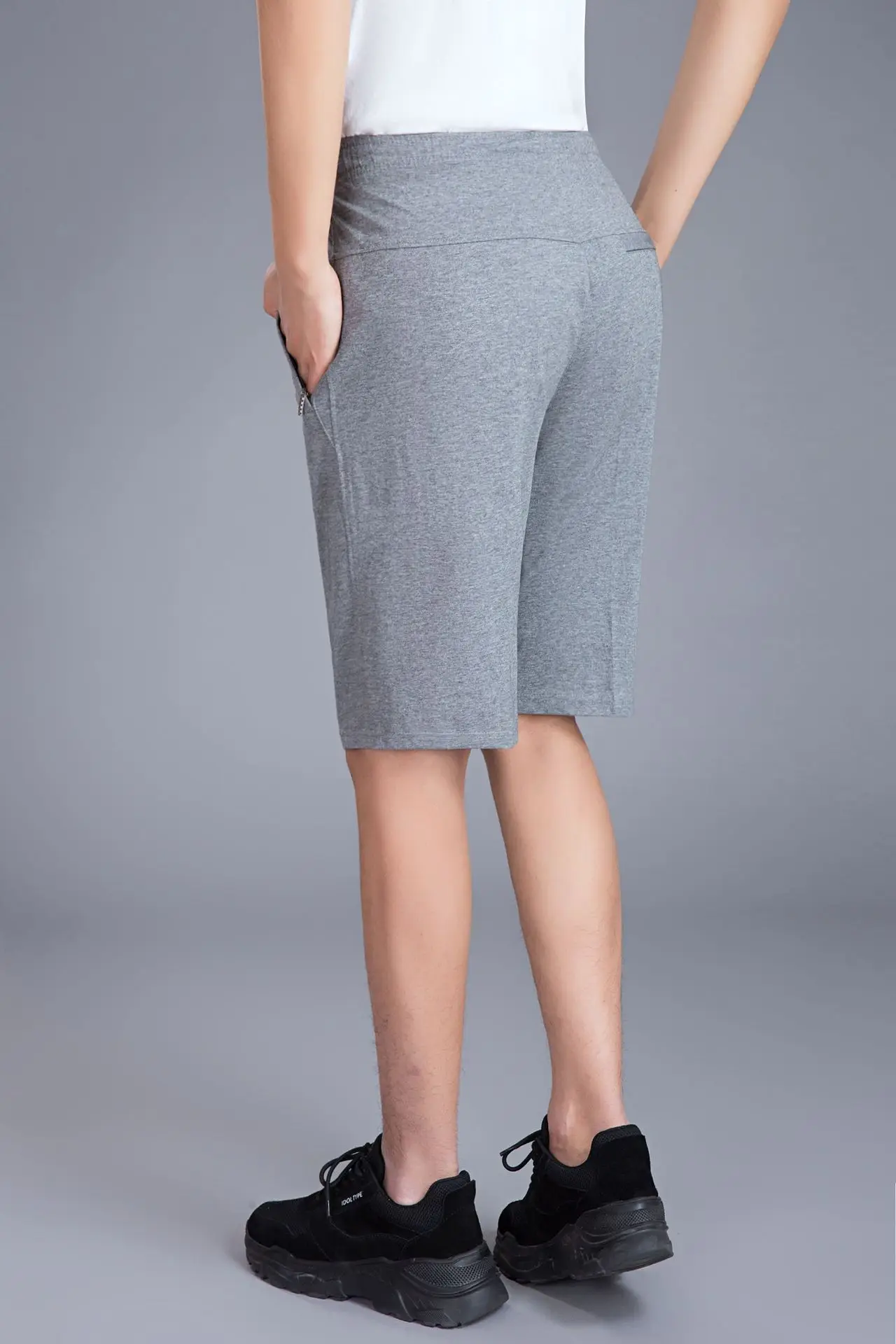 Men Grey High Waist Sports Shorts Capri Length