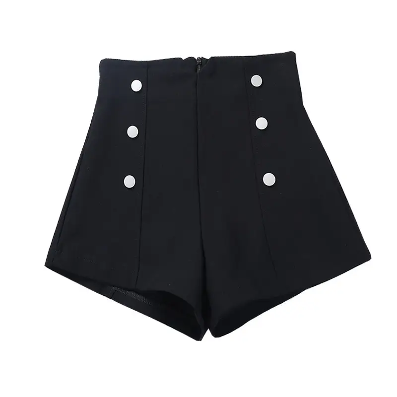 Black Double-Breasted High Waist Casual Shorts for Women