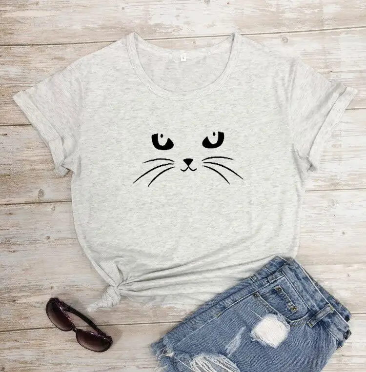 Gray Cat Face T-Shirt Set for Men Women Casual Wear