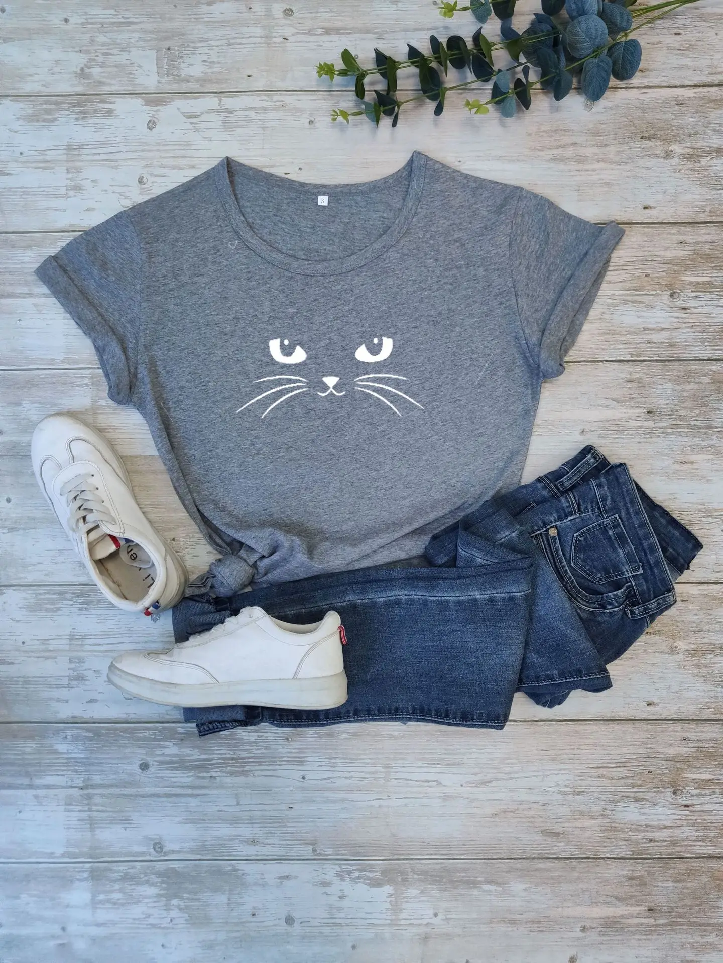 Gray Cat Face T-Shirt Set for Men Women Casual Wear
