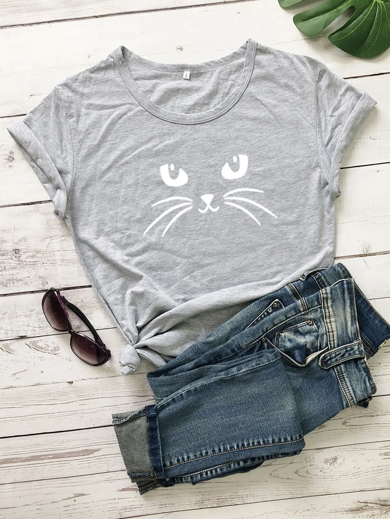 Gray Cat Face T-Shirt Set for Men Women Casual Wear