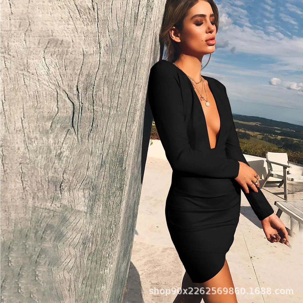 Black Long Sleeve V-Neck Mini Dress for Women - Image 4