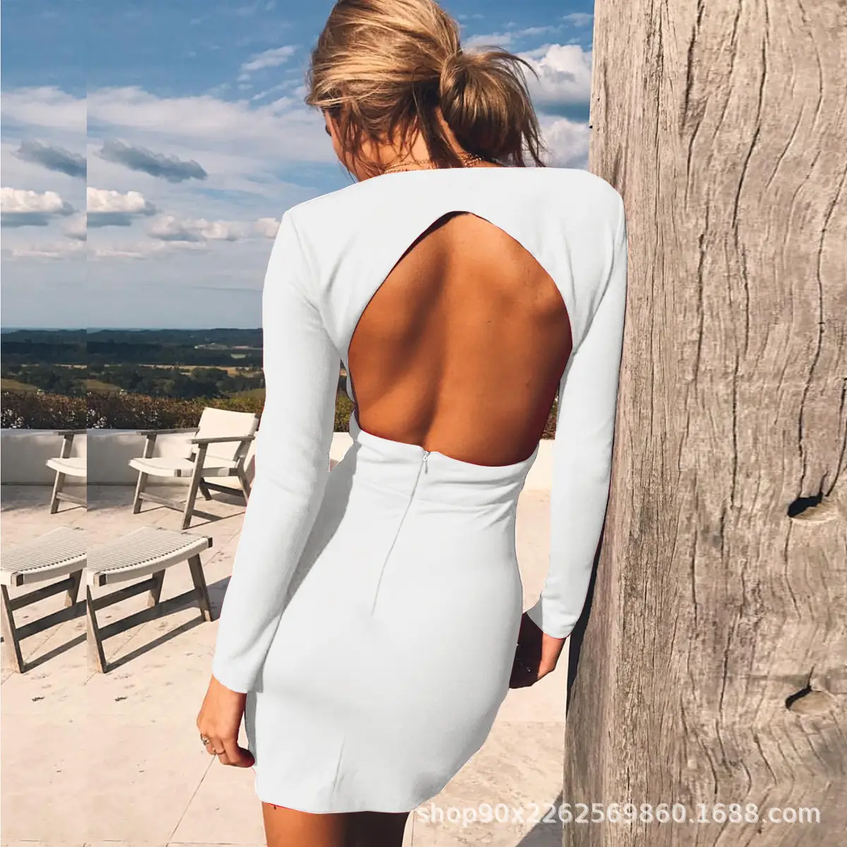 Black Long Sleeve V-Neck Mini Dress for Women - Image 5