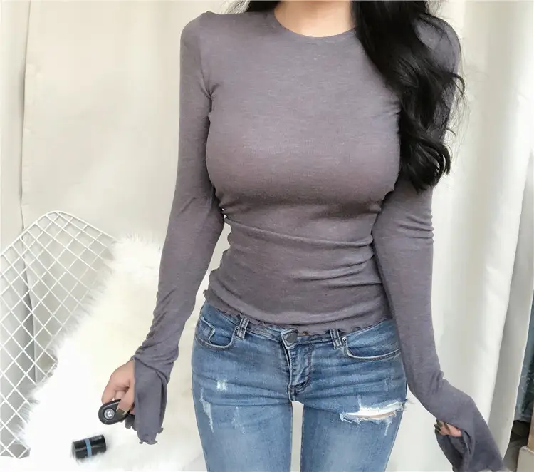 Women's Grey Slim Fit Long Sleeve T-Shirt — feature 7