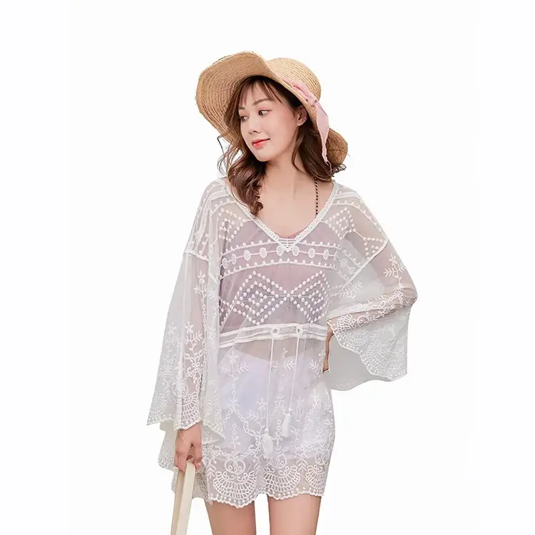 White Lace Hollow Batwing Bikini Top with Straw Hat - Image 5