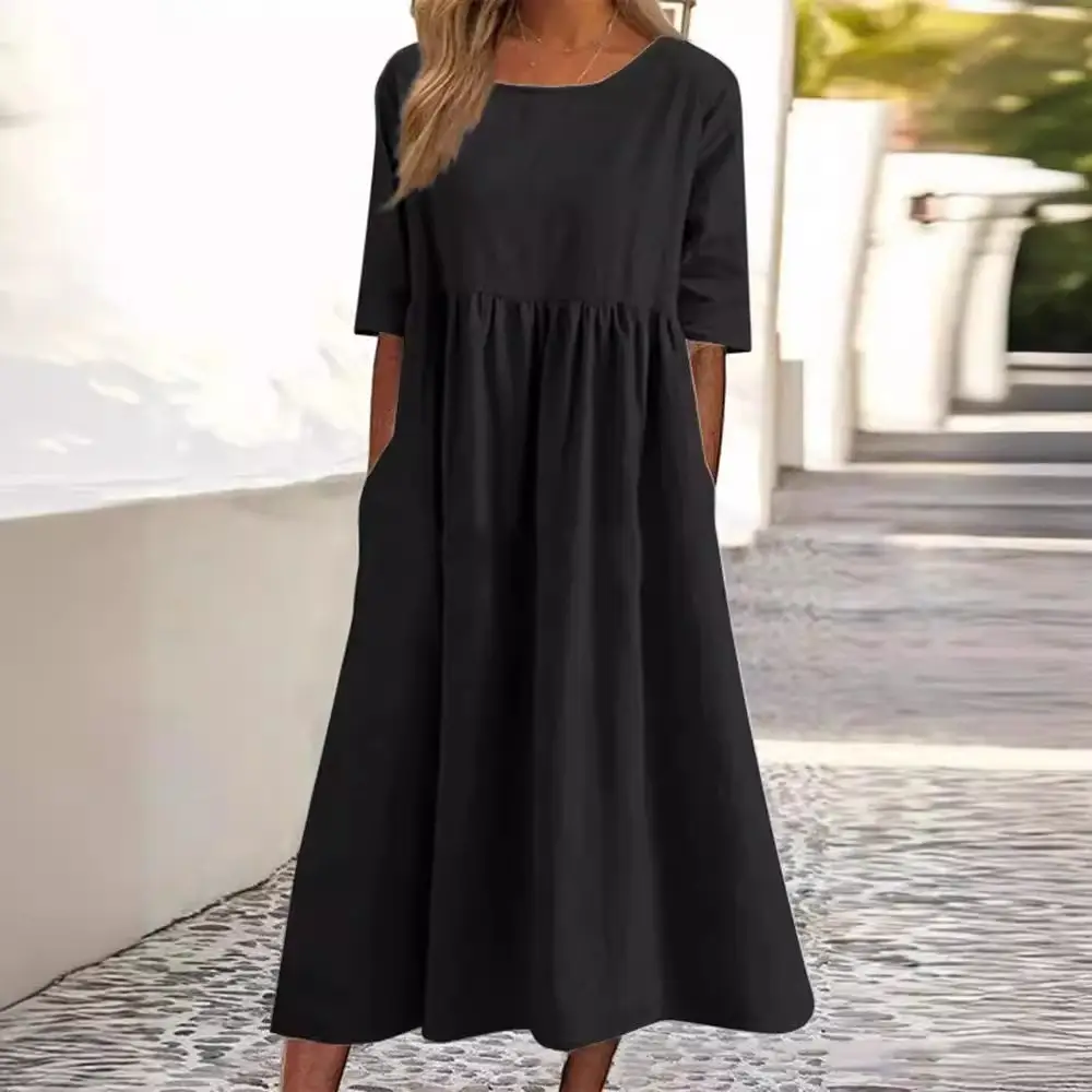 2025 Summer Cotton Linen Casual Dress Blue Round Neck - Image 11