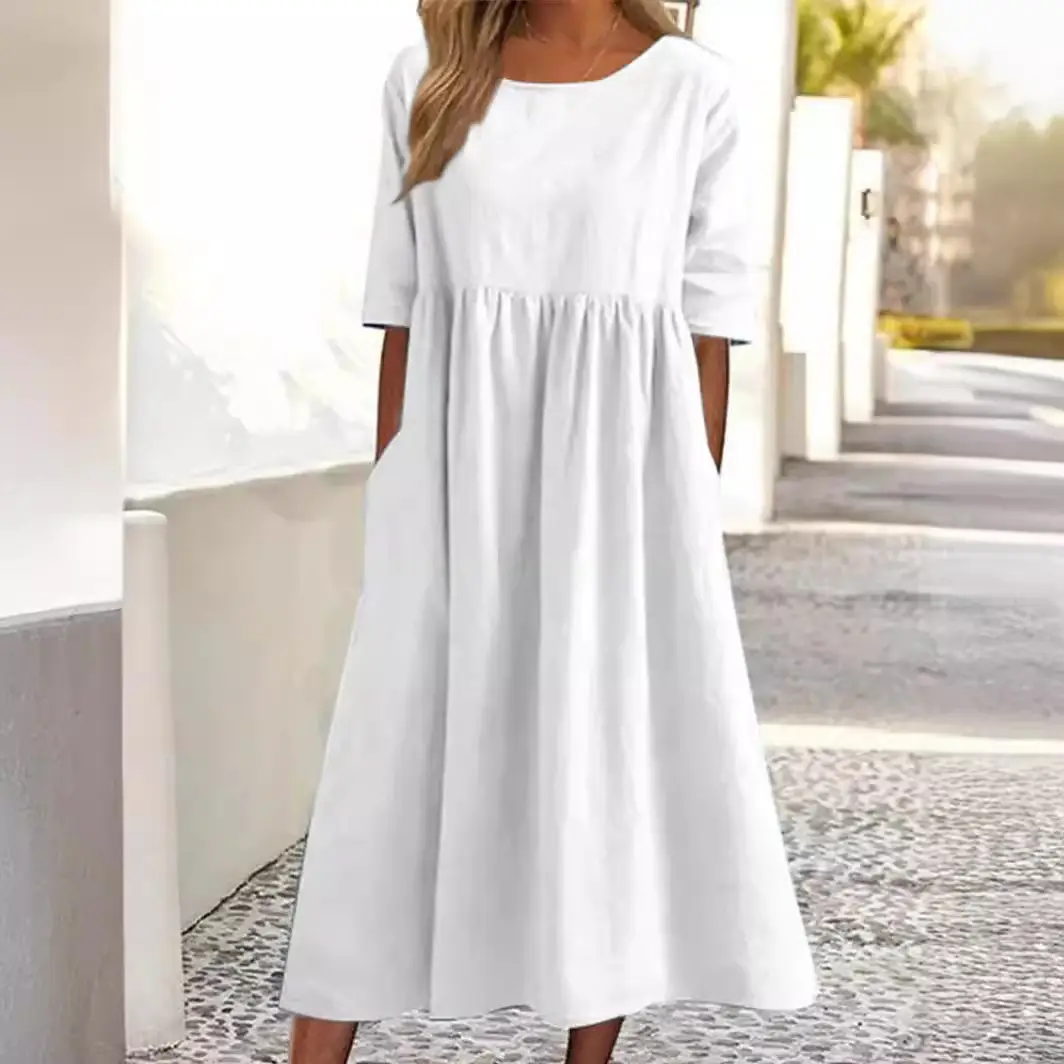 2025 Summer Cotton Linen Casual Dress Blue Round Neck - Image 12