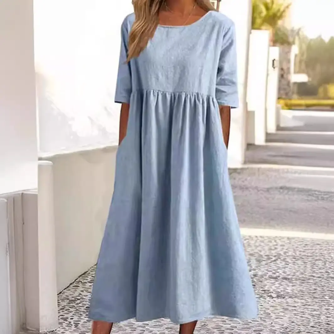 2025 Summer Cotton Linen Casual Dress Blue Round Neck - Image 13