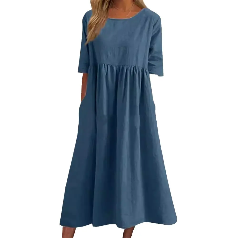 2025 Summer Cotton Linen Casual Dress Blue Round Neck - Image 14