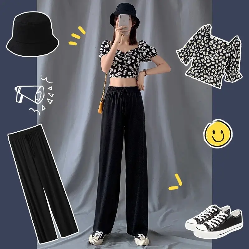 Women's 2025 Ice Silk Wide Leg Pants Black - Image 9