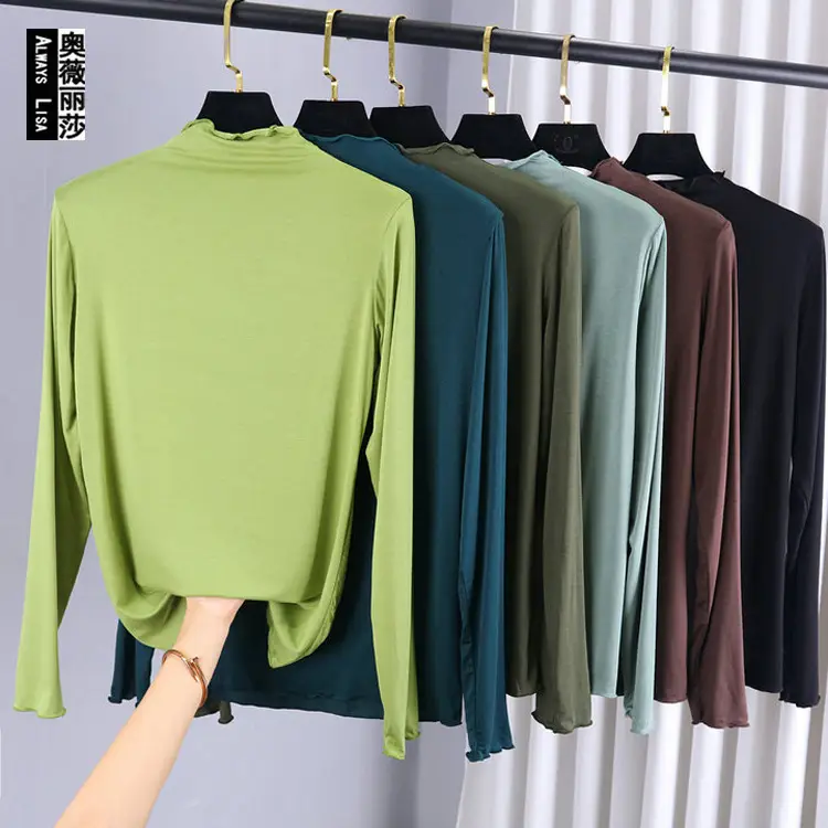 Women's Long Sleeve Collar T-Shirt Green Black - Image 13