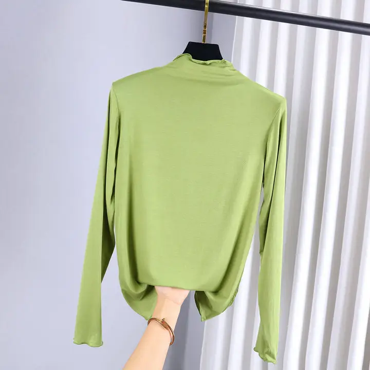 Women's Long Sleeve Collar T-Shirt Green Black - Image 11