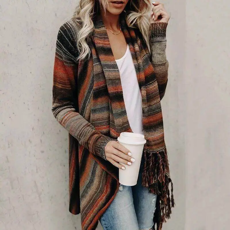 Striped Tassel Coat Sweater Brown Orange