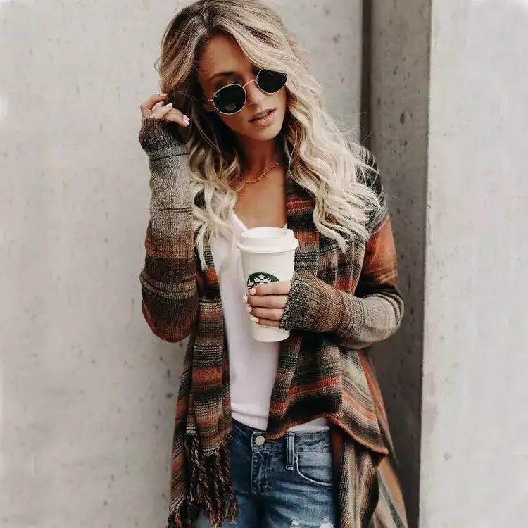 Striped Tassel Coat Sweater Brown Orange — feature 3