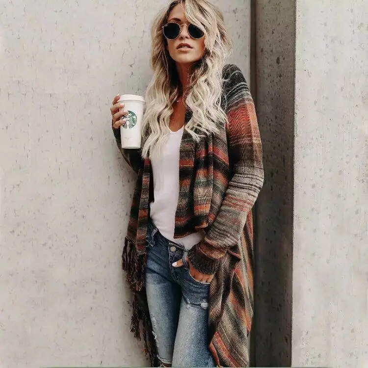 Striped Tassel Coat Sweater Brown Orange — feature 4