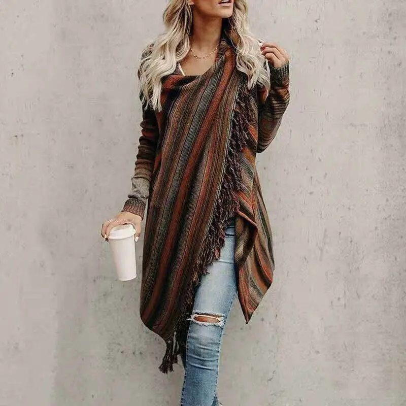 Striped Tassel Coat Sweater Brown Orange — feature 5