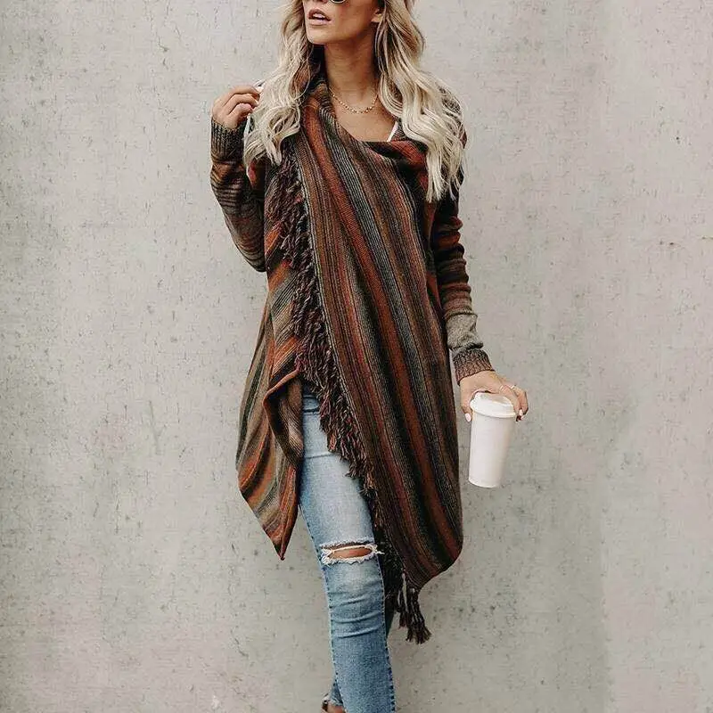 Striped Tassel Coat Sweater Brown Orange — feature 6