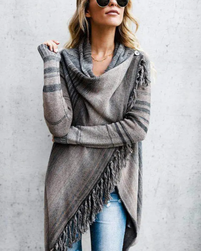 Striped Tassel Coat Sweater Brown Orange — feature 9