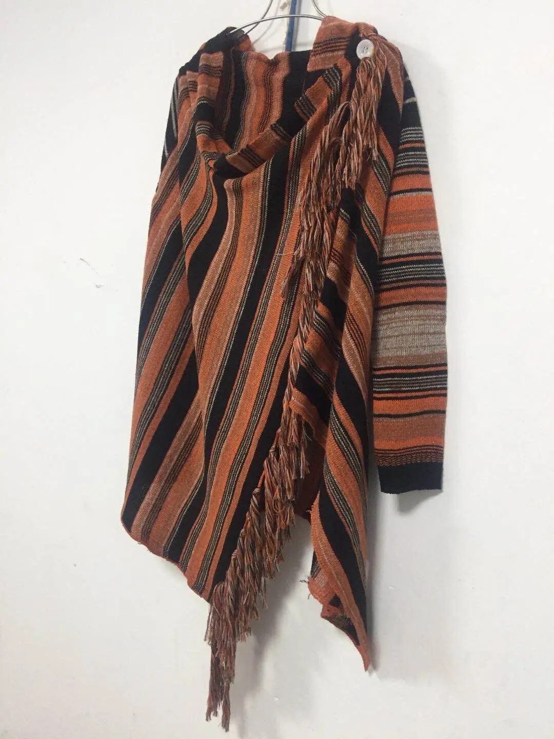 Striped Tassel Coat Sweater Brown Orange