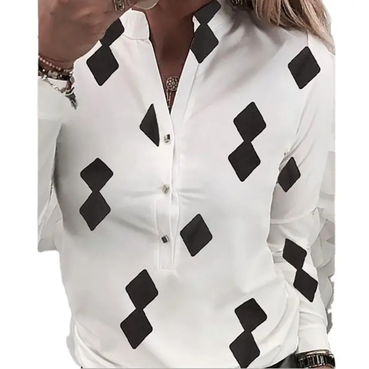 Women's White Printed Shirts with Black Diamond Pattern