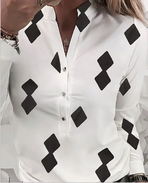 Women's White Printed Shirts with Black Diamond Pattern