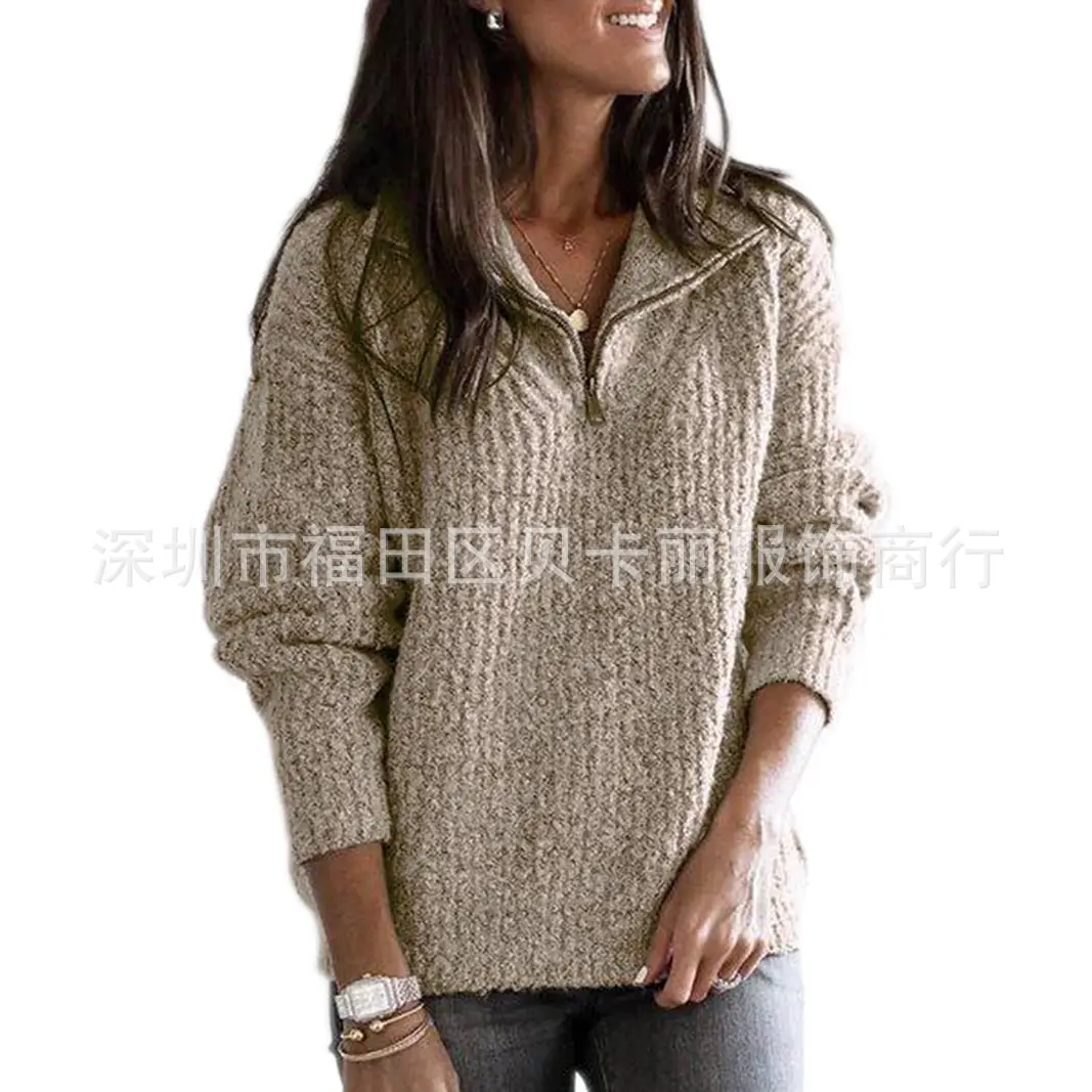 Women Blue Knit Zipper Pullover Jacket Long Sleeve Winter - Image 8
