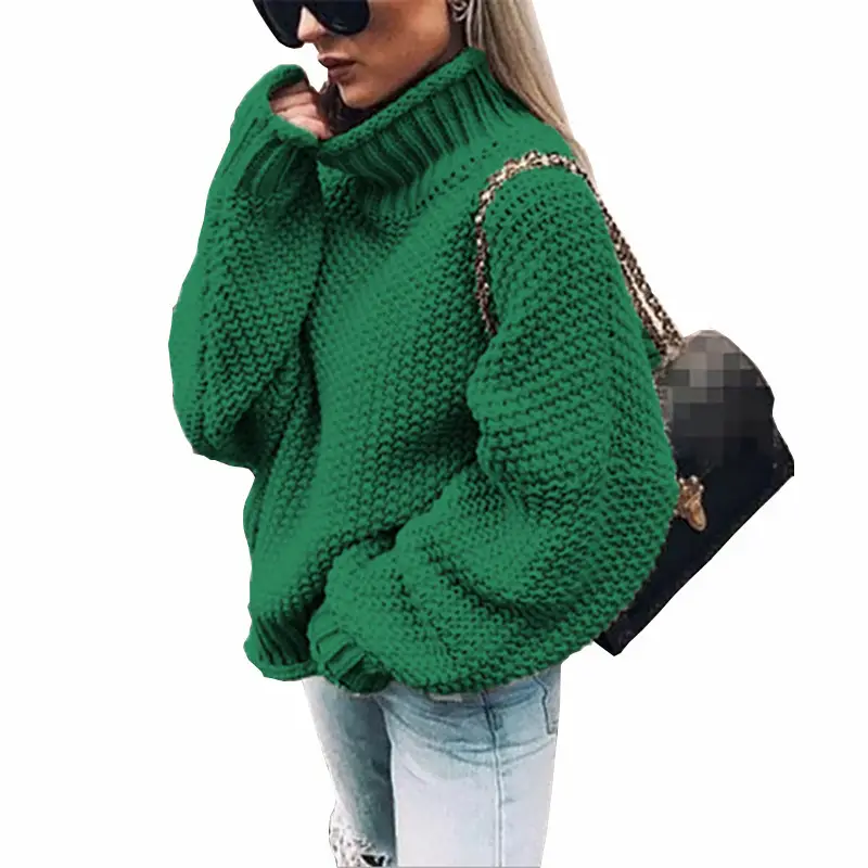 Women High Neck Knitted Sweater Light Blue
