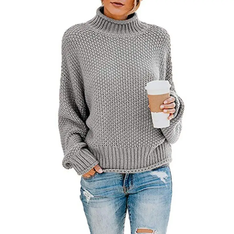 Women High Neck Knitted Sweater Light Blue