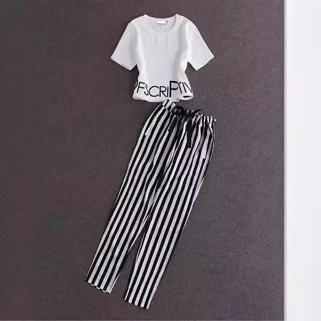New Star Same Style Women's Clothing Chanel Style Fashionable Short-sleeved T-shirt Striped Harlan Pants Casual suit