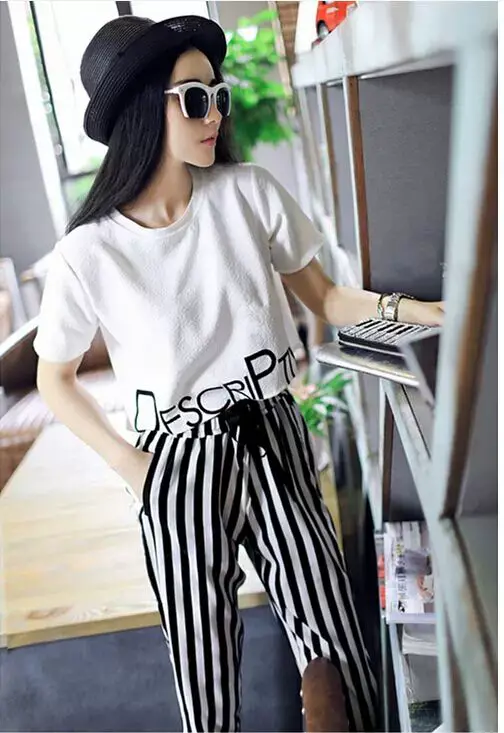 New Star Same Style Women's Clothing Chanel Style Fashionable Short-sleeved T-shirt Striped Harlan Pants Casual suit — feature 4